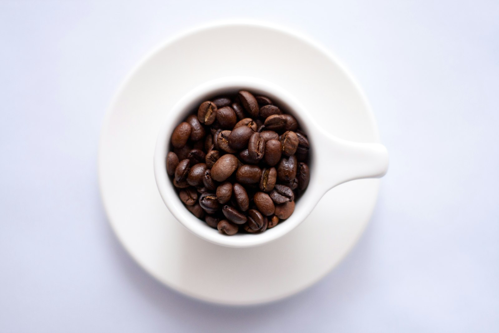 White cup filled with coffee beans, illustrating the range.