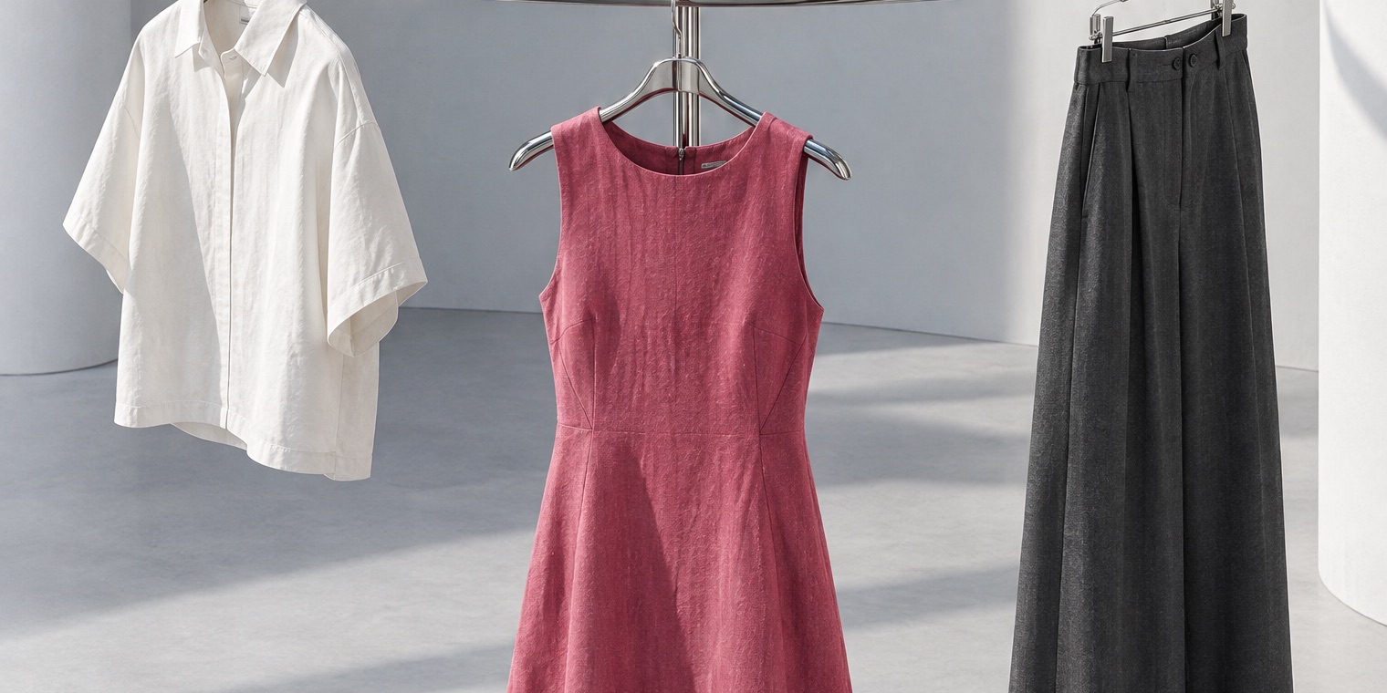 Clothing rail with a pink dress in the centre, illustrating the fictional shop.